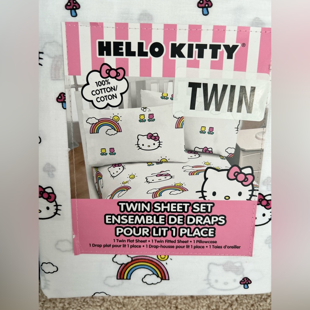 Hello Kitty Twin Sheet Set - White with Pink and Rainbow Accents